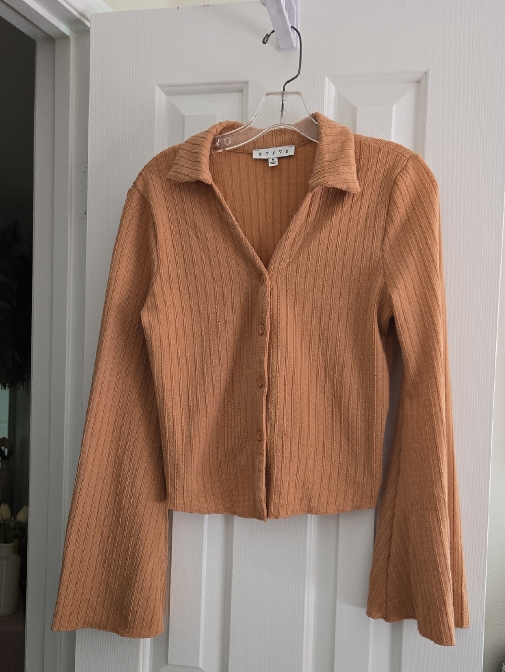 HYFVE Ribbed Button-Front Collared Top - Camel